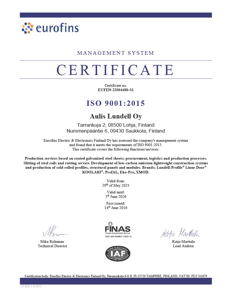 Management system certificate Aulis Lundell Oy